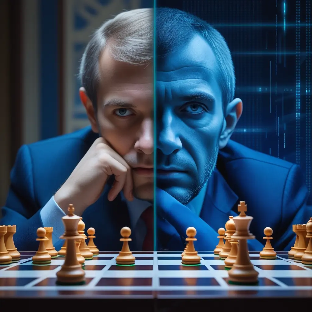 Dynamic split-screen Kasparov’s portrait and futuristic Deep Blue digital display