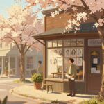Digital illustration titled “Theo of Golden” by Allen Levi, showing a small Southern town street in spring with golden sunlight, blooming trees, a cozy coffeehouse, pencil portraits on the wall, and a solitary man holding a rolled sketch.