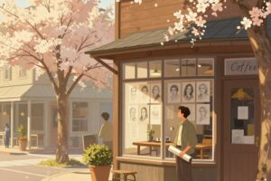 Digital illustration titled “Theo of Golden” by Allen Levi, showing a small Southern town street in spring with golden sunlight, blooming trees, a cozy coffeehouse, pencil portraits on the wall, and a solitary man holding a rolled sketch.