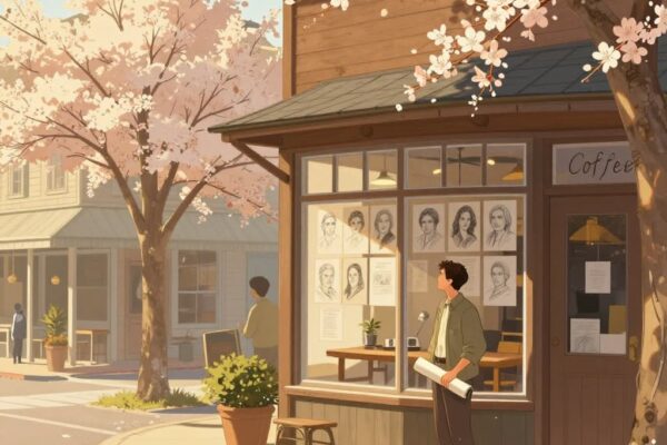 Digital illustration titled “Theo of Golden” by Allen Levi, showing a small Southern town street in spring with golden sunlight, blooming trees, a cozy coffeehouse, pencil portraits on the wall, and a solitary man holding a rolled sketch.
