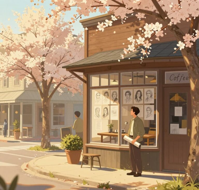 Digital illustration titled “Theo of Golden” by Allen Levi, showing a small Southern town street in spring with golden sunlight, blooming trees, a cozy coffeehouse, pencil portraits on the wall, and a solitary man holding a rolled sketch.