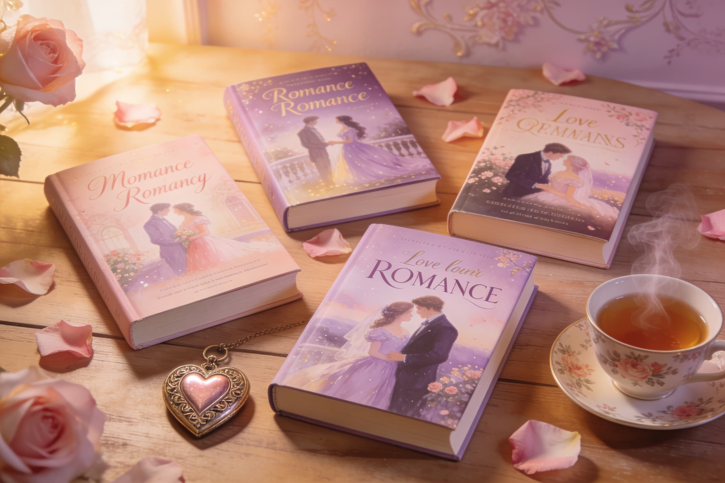 Romance books stacked beside flowers and coffee creating a cozy reading aesthetic